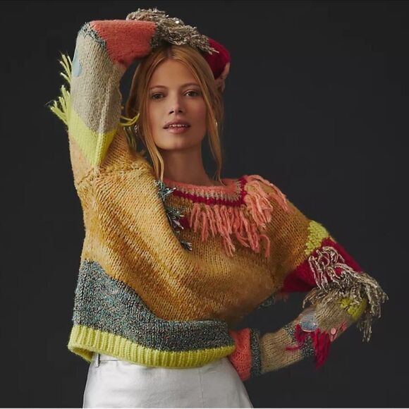 Anthropologie Fringed Colorblock Sweater - Picture 1 of 6